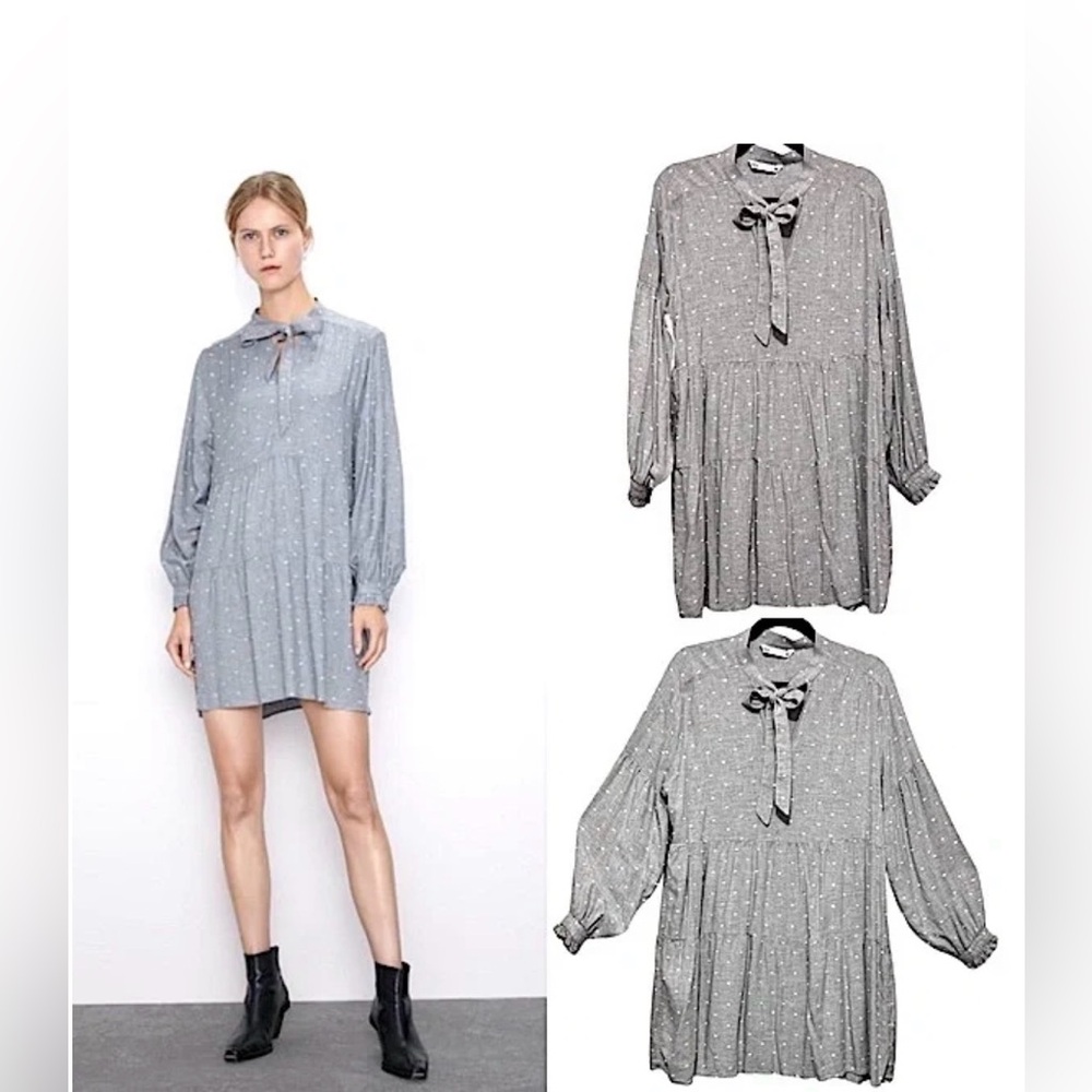 Zara Tie-Neck Swiss Dot Long Sleeve‎ Mini Shirt Shift Dress size M